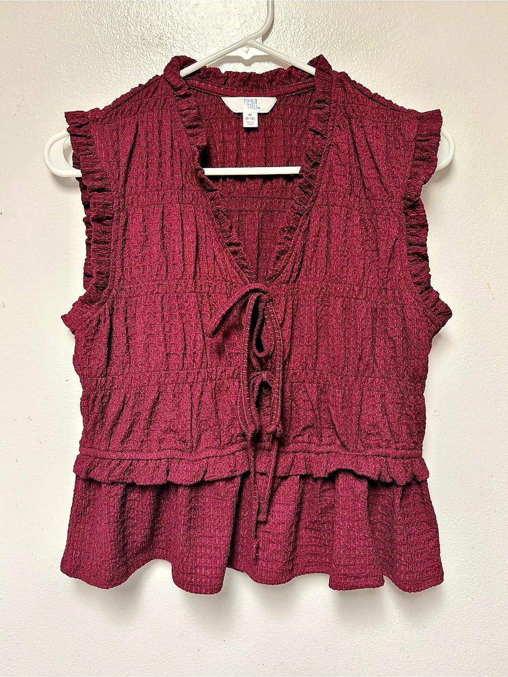 Time and Tru Ruffle Tie Front Blouse in Burgundy Size Medium